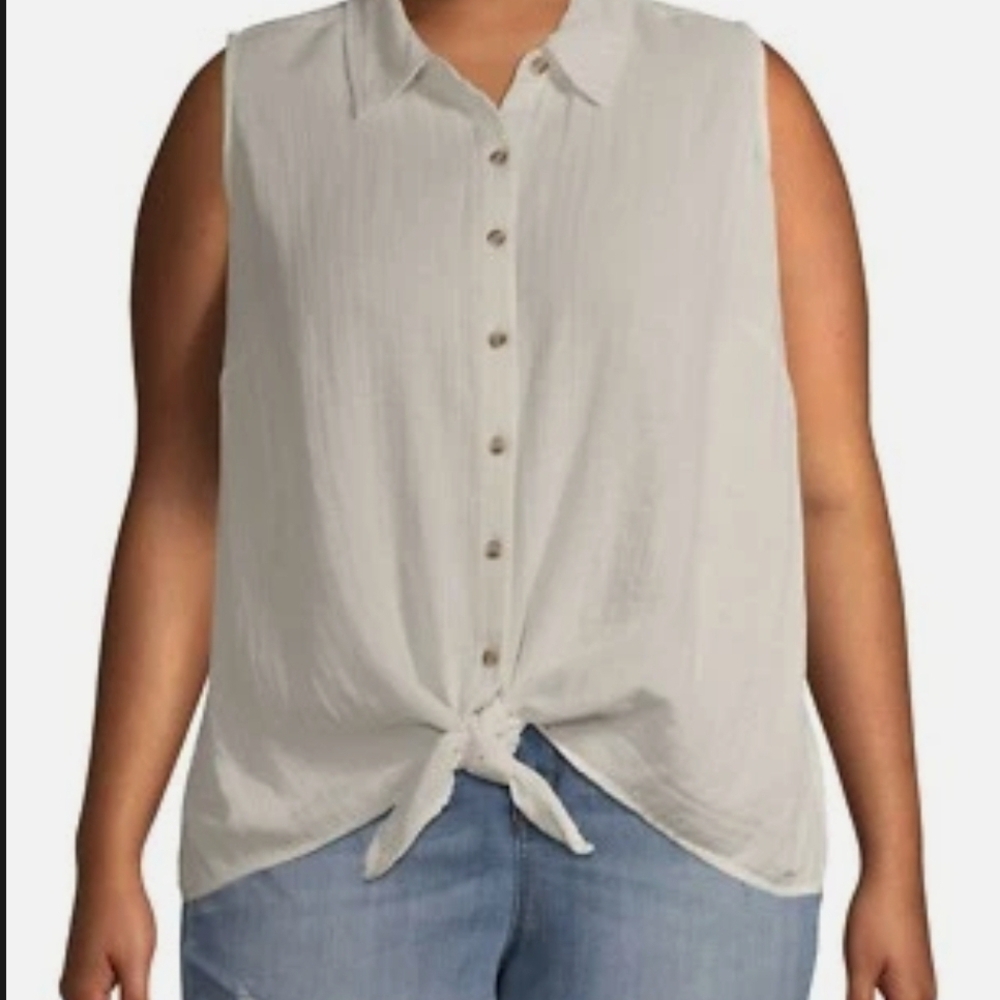 Terra & Sky NWT Plus Double Cloth Sleeveless Button-Down Top with Tie Front 963